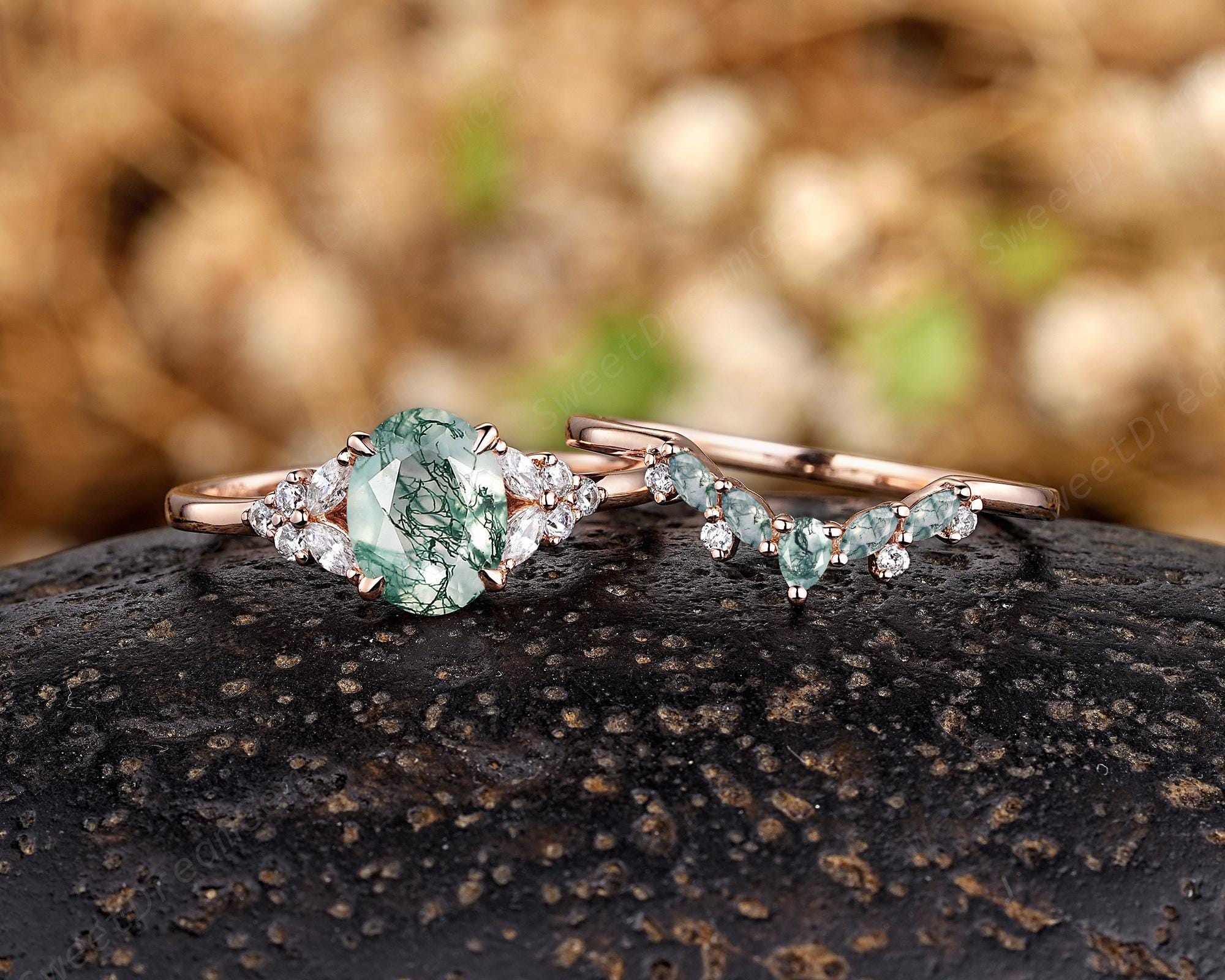 Oval Shaped Nature Moss Agate Wedding Rings Set Moissanite Cluster Oval Shaped Nature Moss Agate Wedding Rings Set Moissanite Cluster