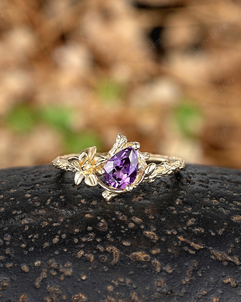 Custom Iris Flower Engagement Ring 14k Yellow Gold February Birth ...