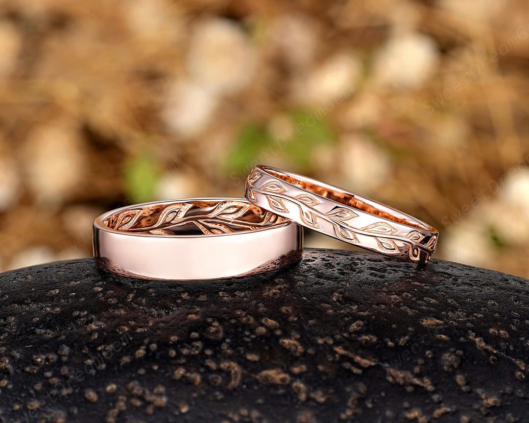 Nature Inspired Couples Ring Set 14k Gold Hand Carving Leaf