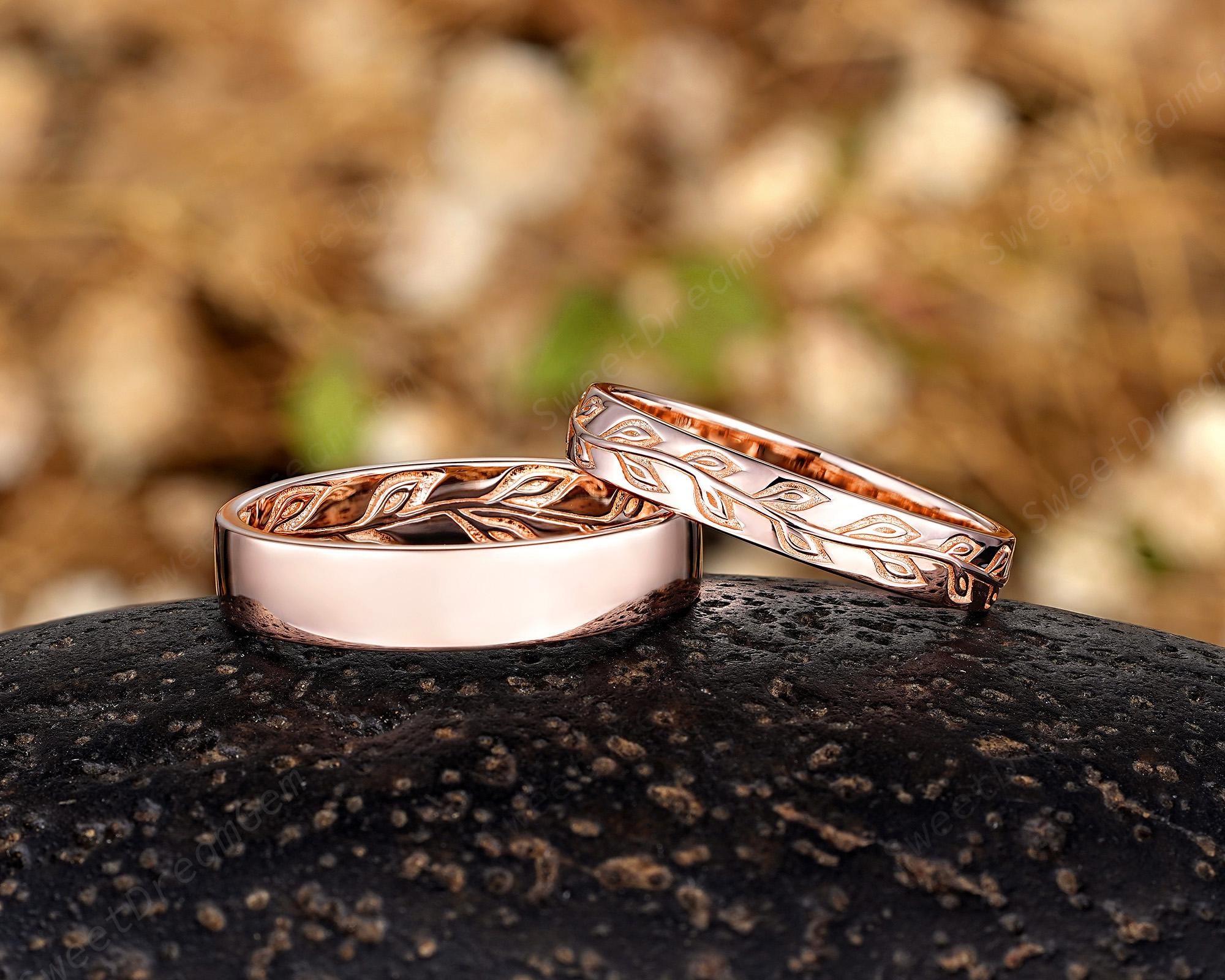 Nature Inspired Couples Ring Set 14k Gold Hand Carving Leaf