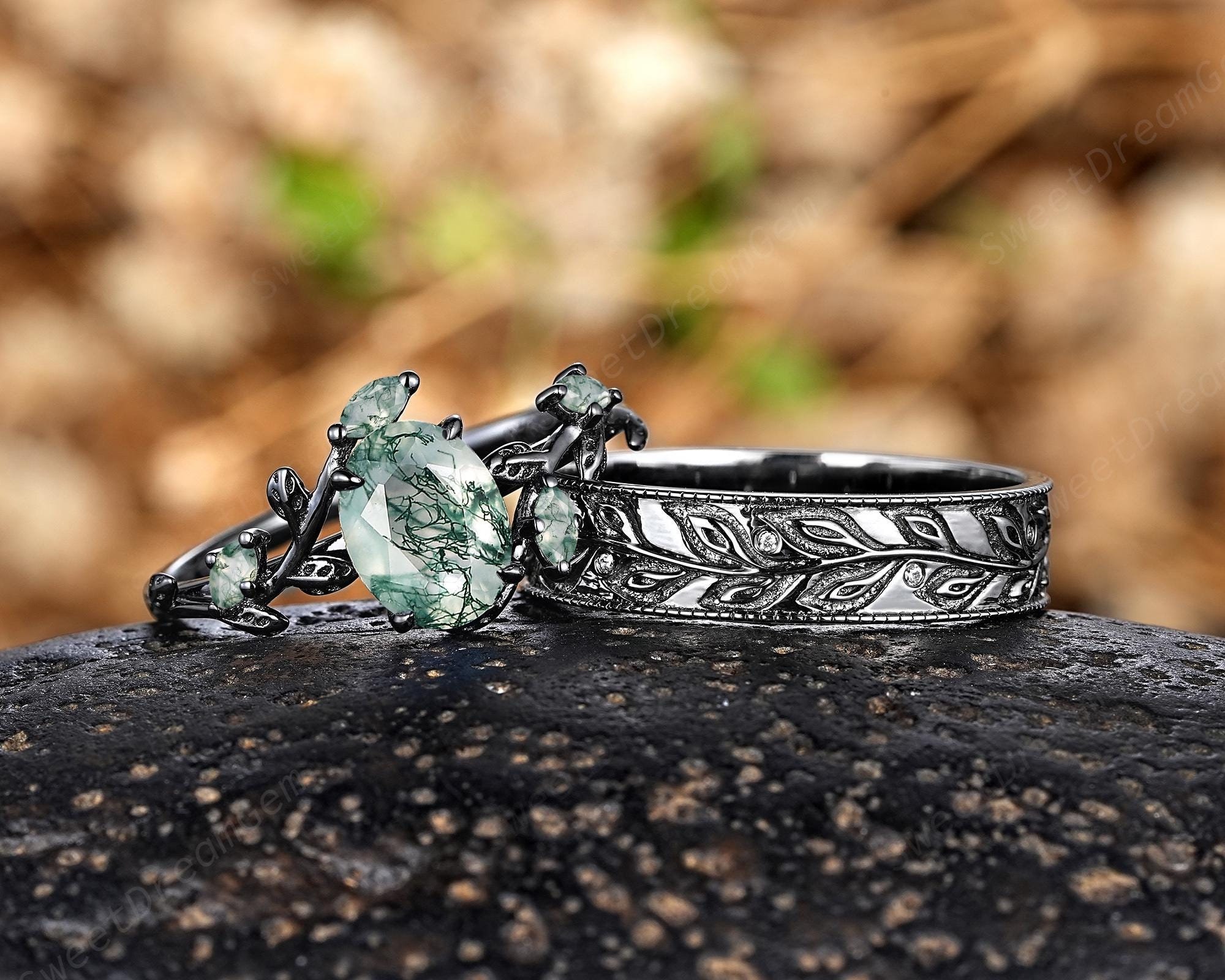 Oval Nature Moss Agate Couple Ring Set Black Gold Leaf Nature