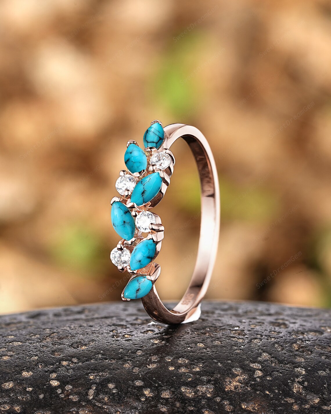 Antique Marquise Turquoise Wedding Band Moissanite Cluster Wedding ...