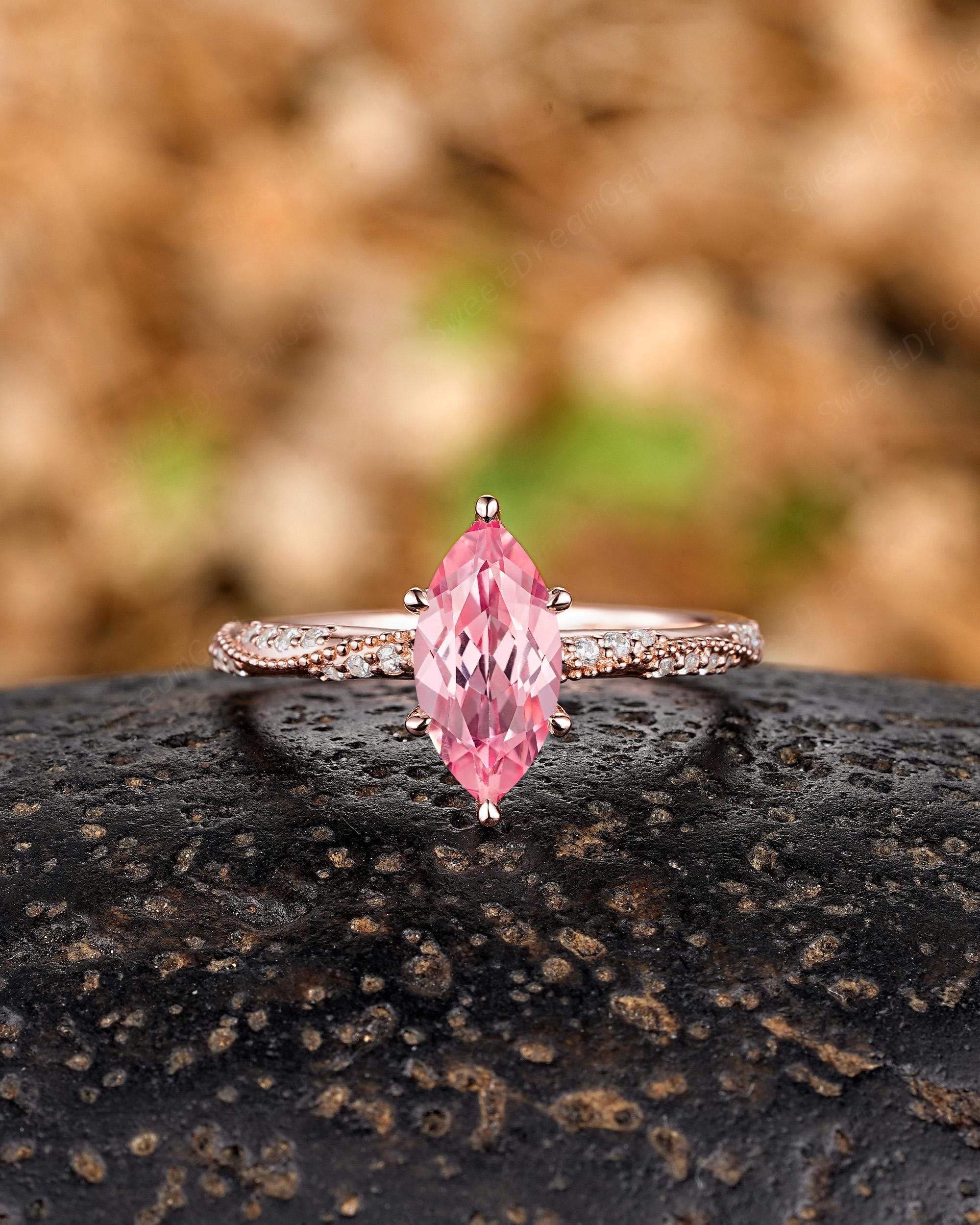 指輪・リング Pink sapphire 5x10mm Marquise Cut Pink Sapphire Engagement Ring Gold Diamond