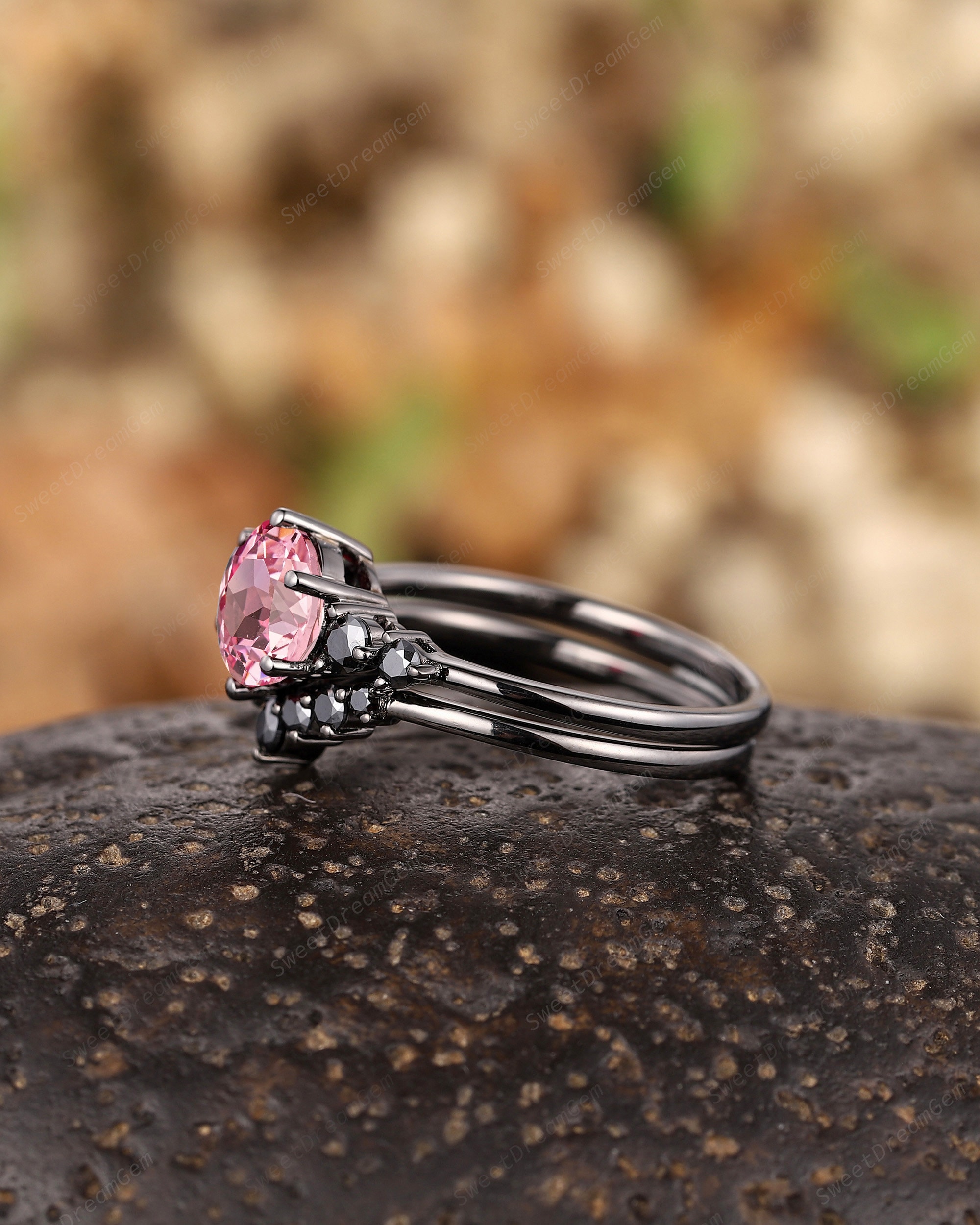 Black Gold Round Pink Sapphire Wedding Ring Set Vintage Black Moissanite Engagement Ring Minimalist Wedding Band Custom Rings for Women Etsy Canada
