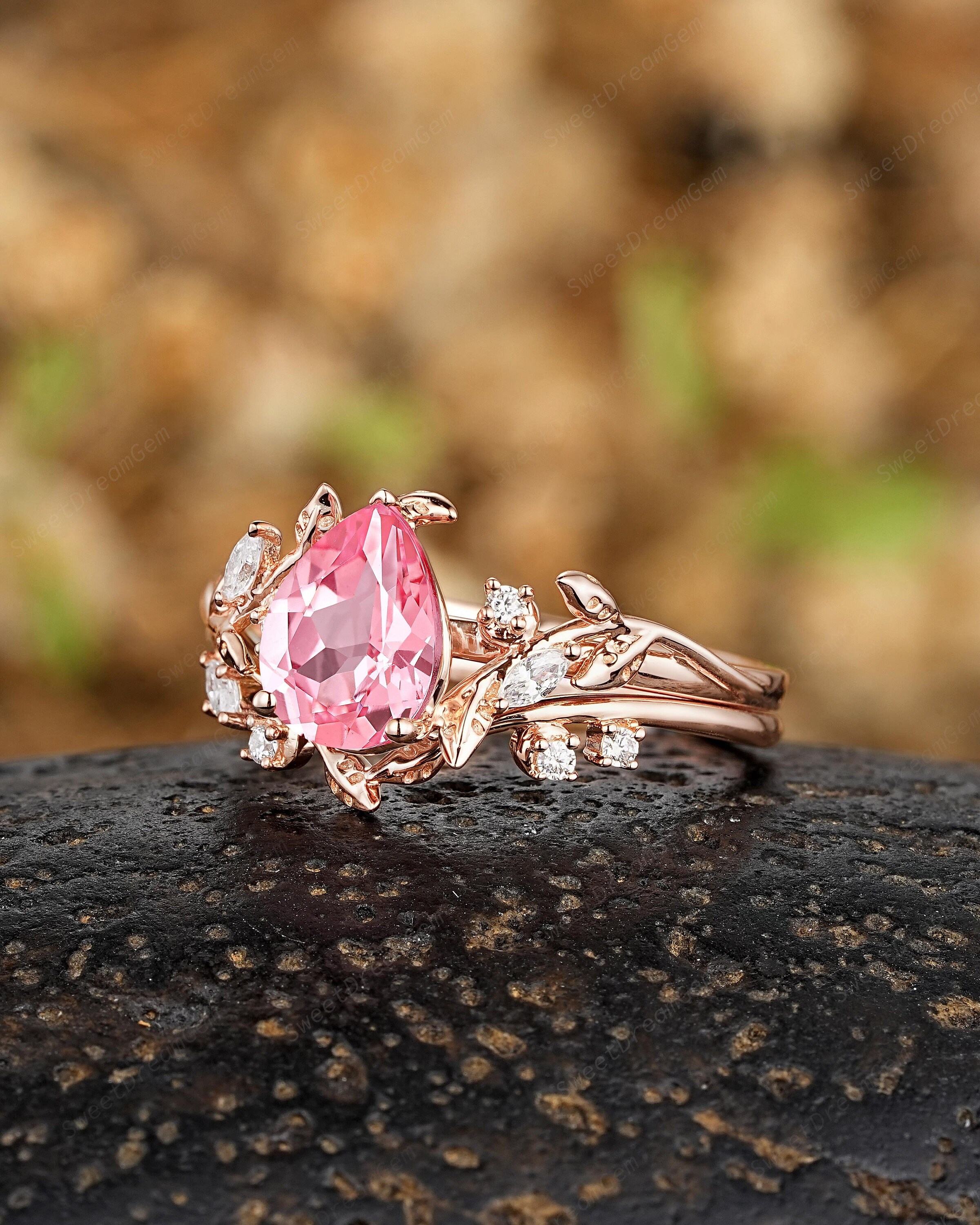 Pear Shaped Pink Sapphire Engagement Ring Set, 14k Gold Leaf
