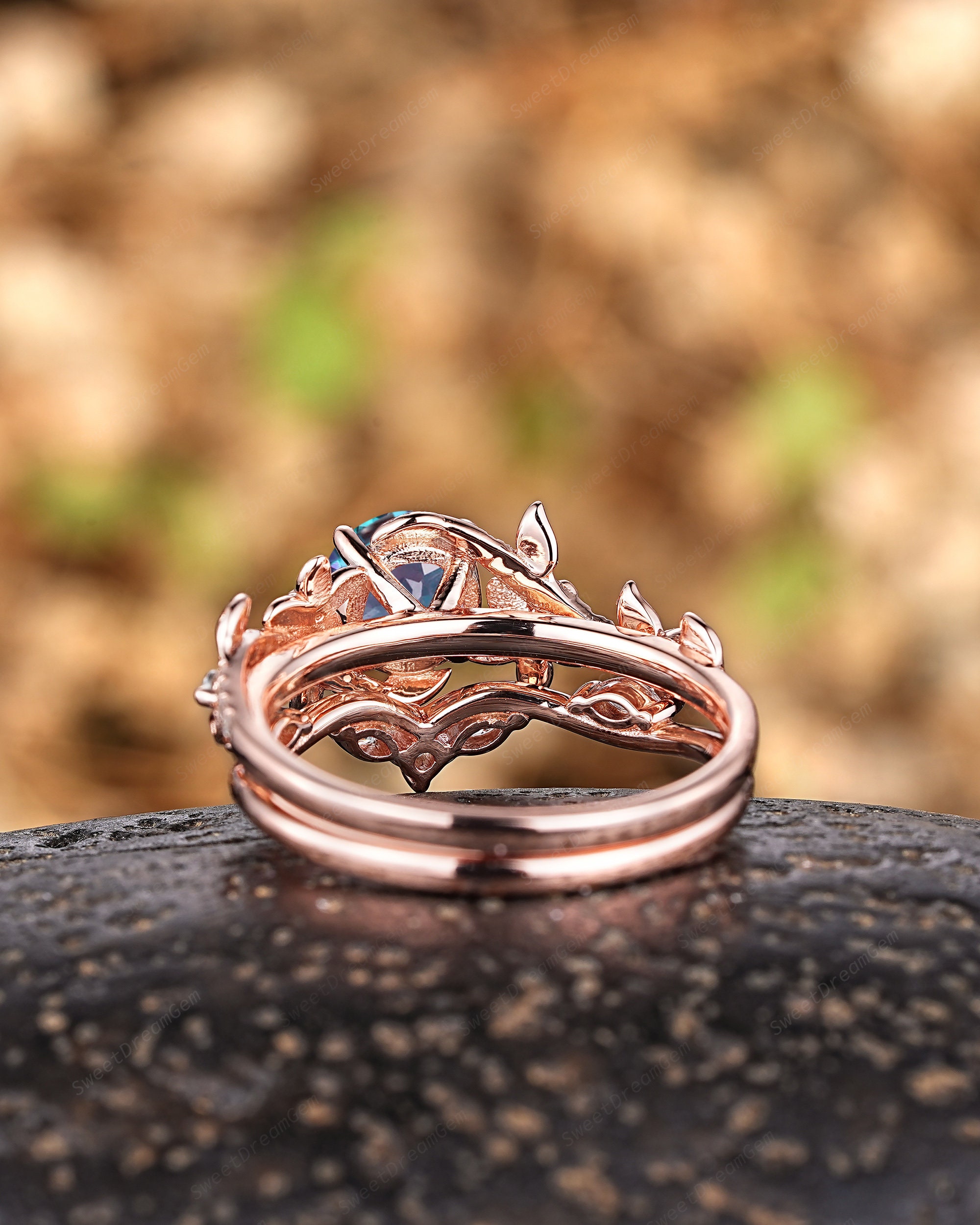 Round Floral Alexandrite Engagement Ring Set Nature Inspired Leaf