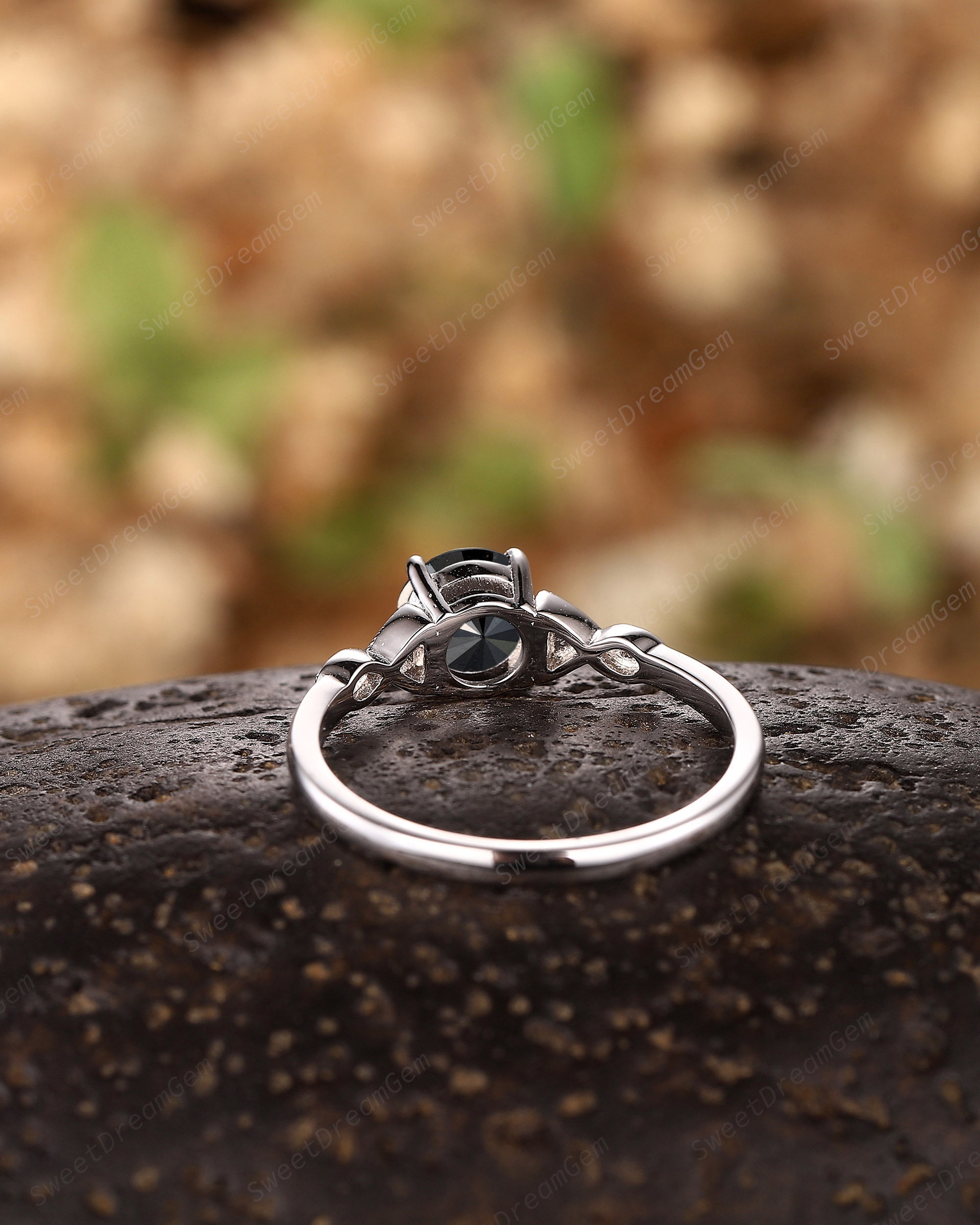 1 CT Roung Shape Natural Black Diamond Engagement Ring, Unique 