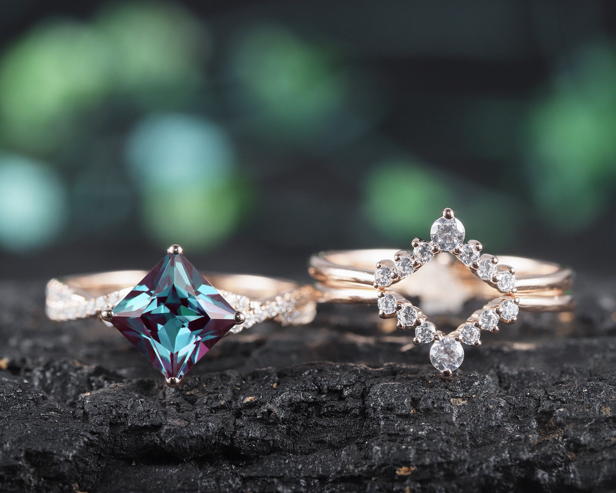 3PCS Vintage Princess Cut Alexandrite Bridal Set, June Birthstone 3PCS Vintage Princess Cut Alexandrite Bridal Set, June Birthstone