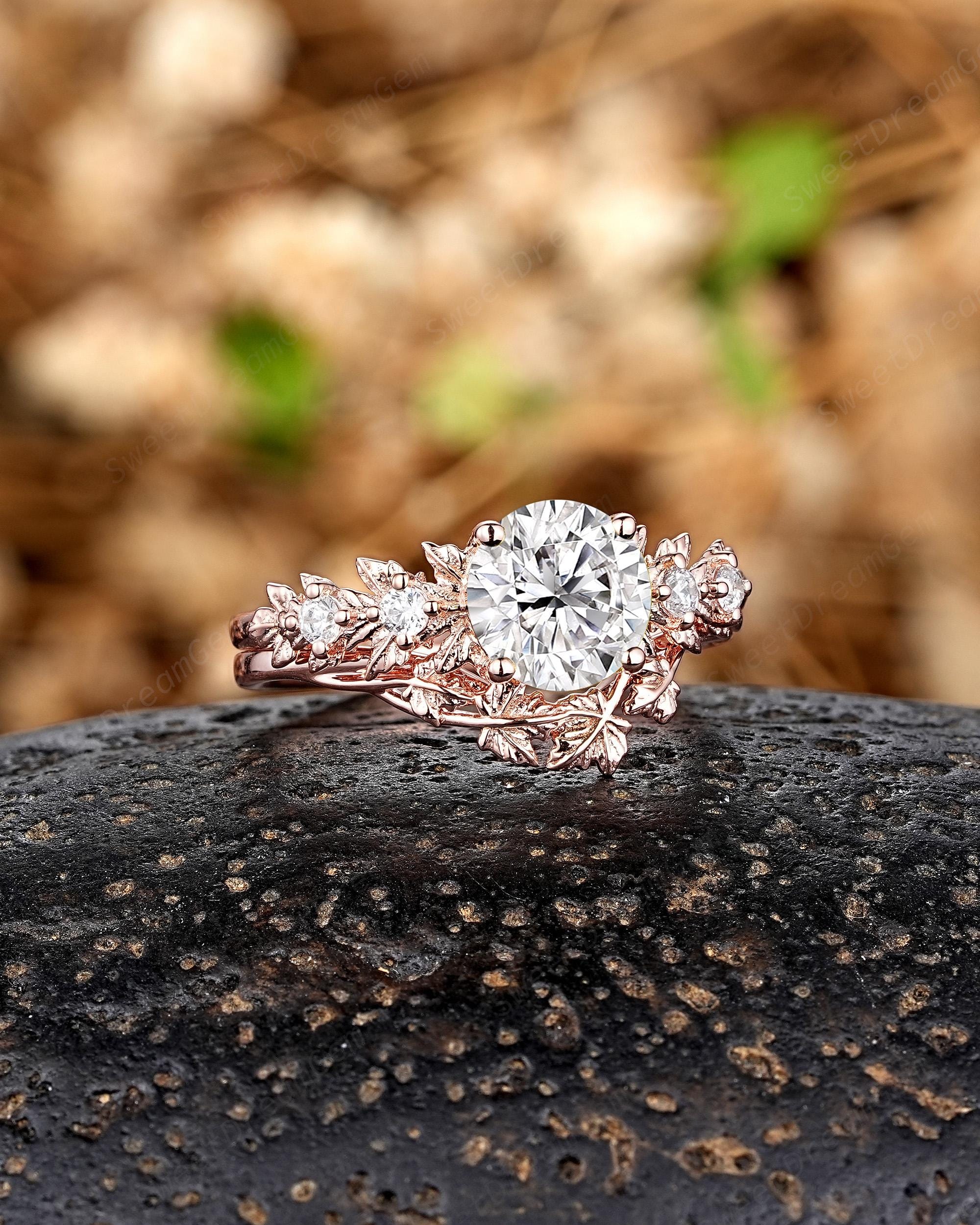 Custom Moissanite Engagement Ring Set Vintage Moissanite Maple Leaf ...
