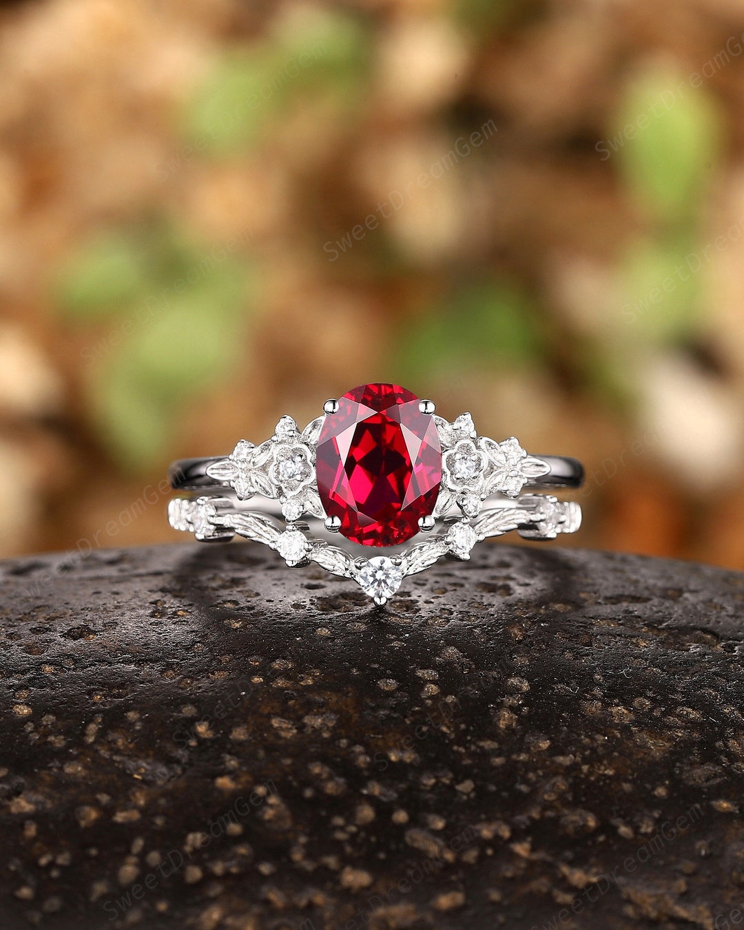Oval Shape Ruby Platinum Oval Shape Ruby Engagement Ring, White Gold Flower Bridal Set ...