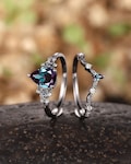 Pear Shape Alexandrite Black Leaf Engagement Ring Set, Black Gold Alexandrite Floral Bridal Set, Rhodium Black Wedding Ring Promise Rings