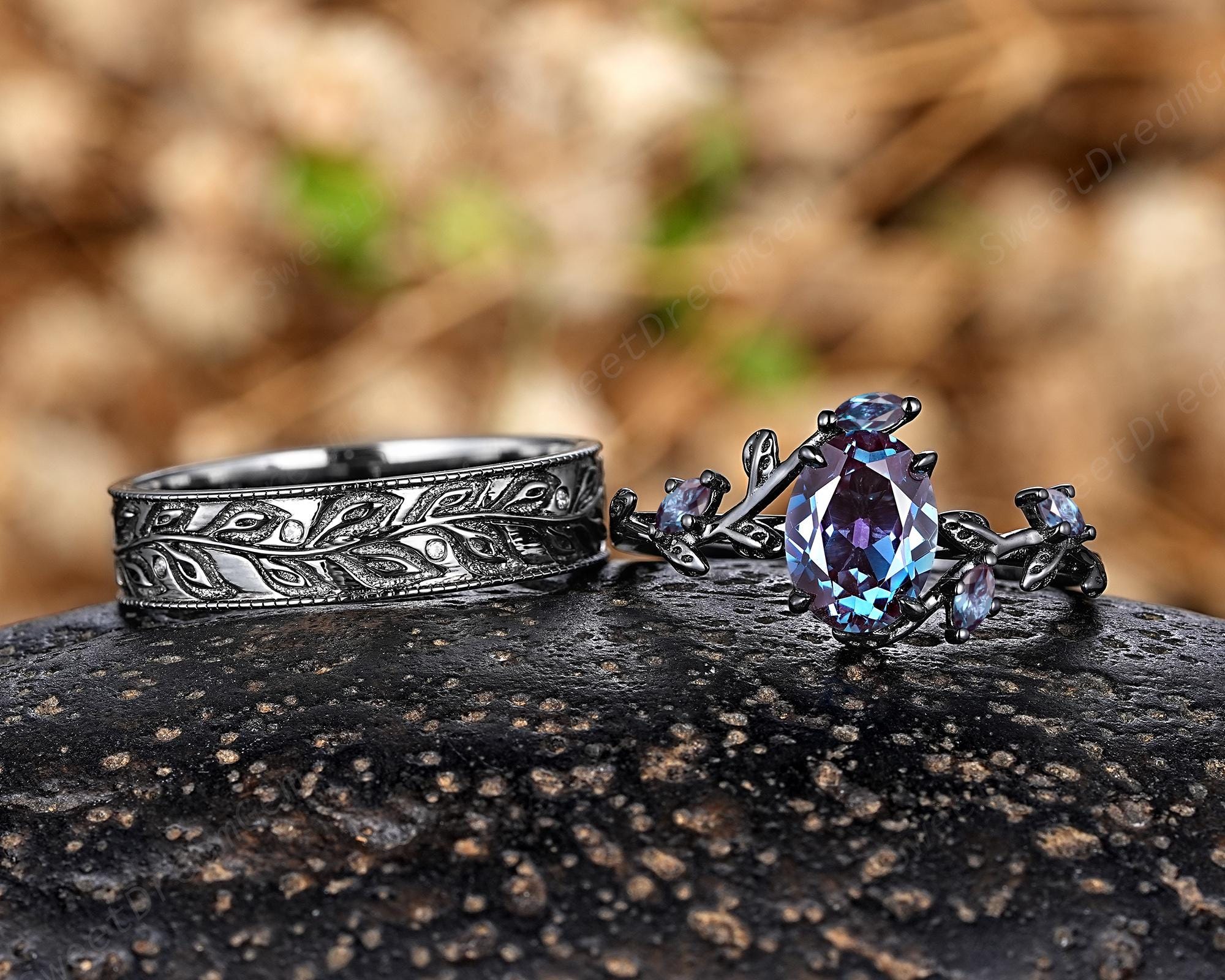 Gothic Black Gold Leaf Couple Ring Set, Oval Alexandrite