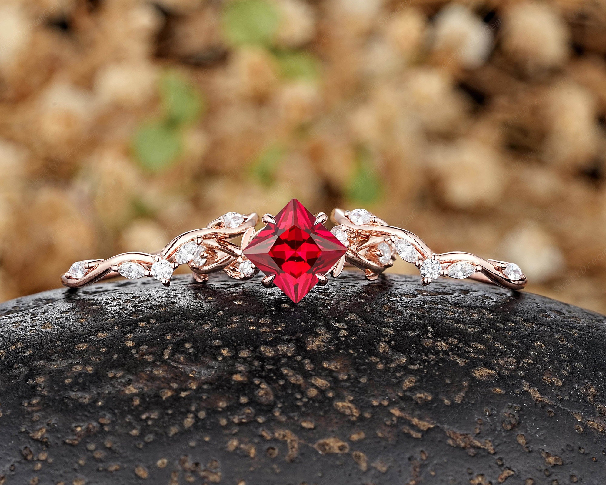Princess Cut Ruby Engagement Ring Set Vintage Curved Moissanite Wedding ...