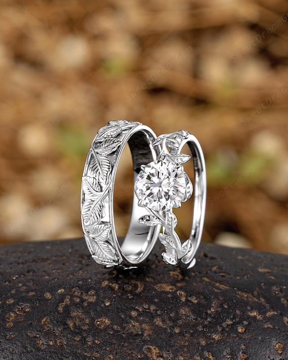 White Gold Moissanite Couple Ring Set Leaf Inspired Wedding Rings