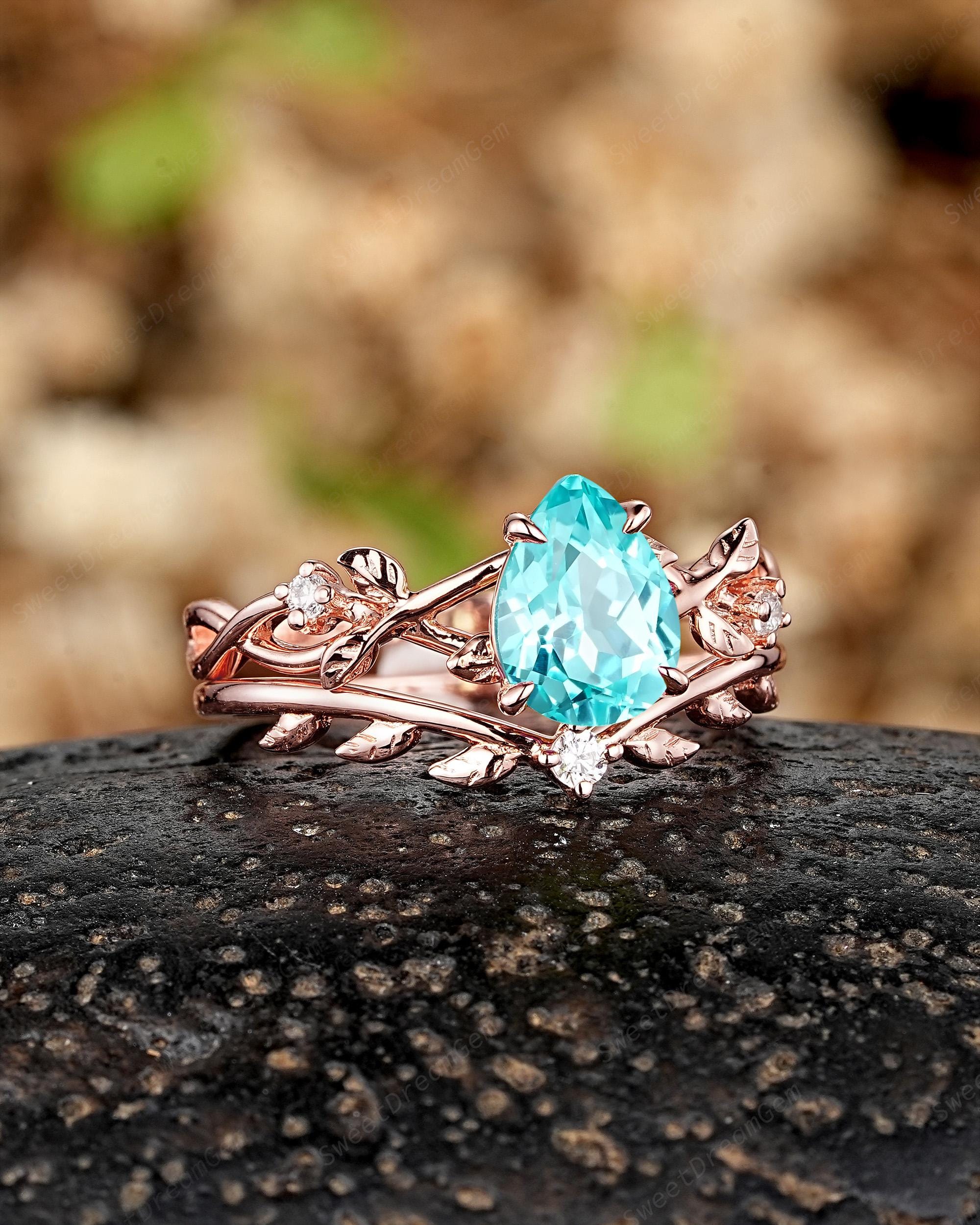 Vintage Pear Cut Blue Paraiba Tourmaline Engagement Rings  display picture 1