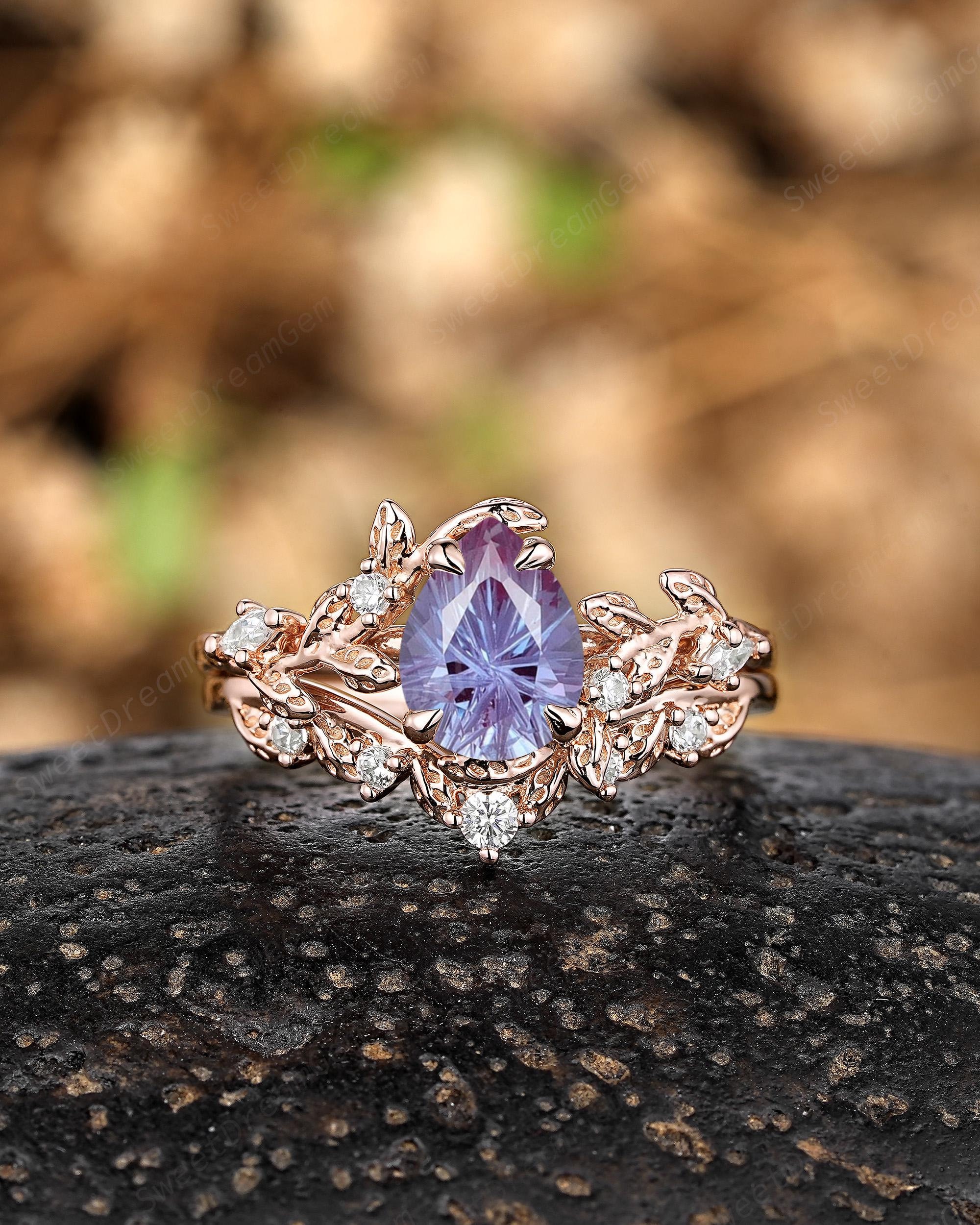 Vintage Fireworks Cut Alexandrite Engagement Ring Set Nature Inspired Leaf Branch Diamond Wedding Ring 14k Gold Anniversary Rings For Women