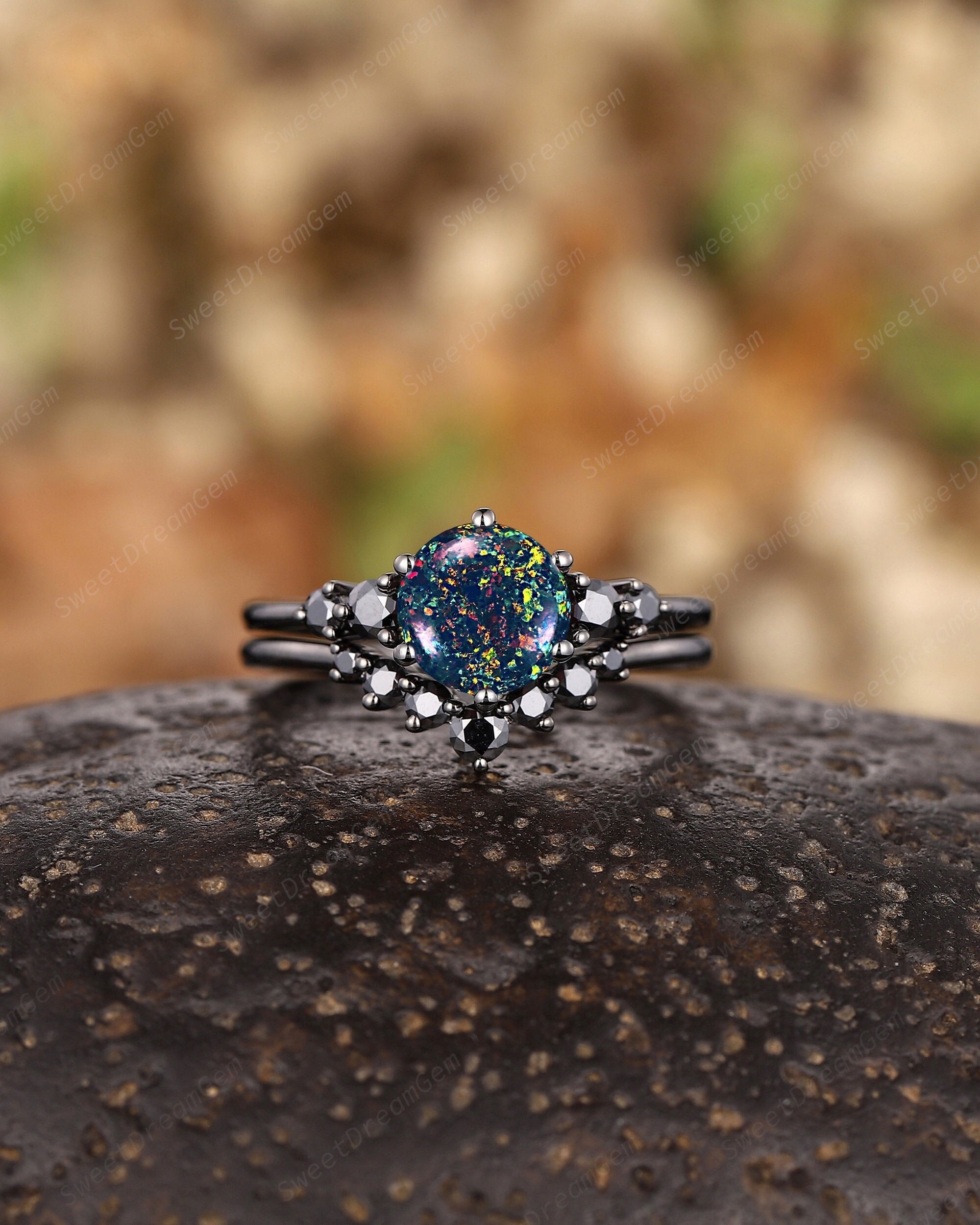 Gothic Round Shape Black Opal Engagement Ring Set, Witchy Black Opal Bridal Set, Black Moissanite Wedding Ring, Black Promise Ring Gift