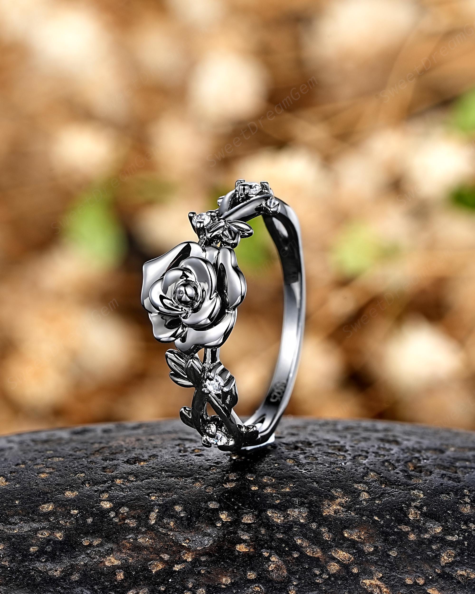 Gothic Black Gold Rose Flower Engagement Ring, Custom Leaf Natural