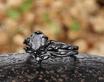 Unique Oval Black Rutilated Quartz Engagement Ring Set Gothic