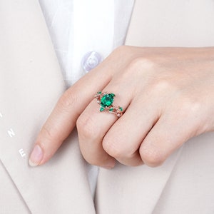 Antique Oval Emerald Leaf Engagement Ring Set Nature Inspired Leaf Wedding Band Gold Emerald Promise Ring Custom Anniversary Rings For Women image 8
