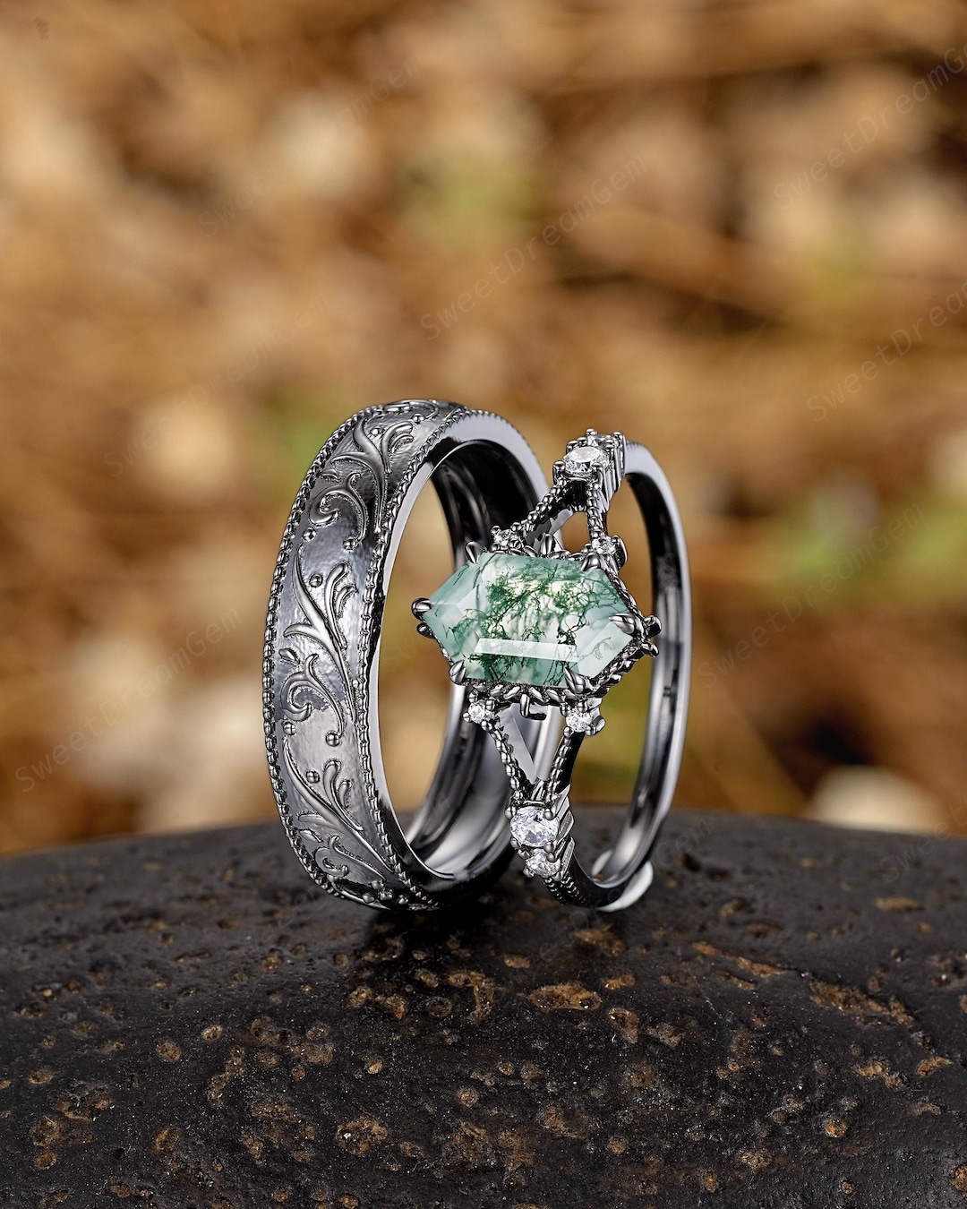 Moss Agate Couple Rings Set Custom Black Gold His and Hers Wedding