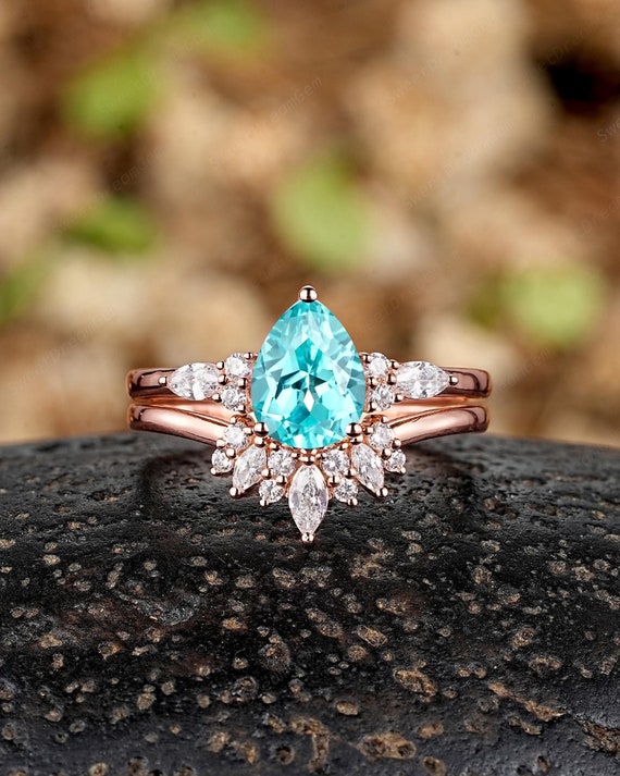 Pear Shape Paraiba Tourmaline Engagement Rings Set, Solid  display picture 1