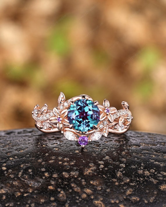 Round Floral Alexandrite Engagement Ring Set Nature Inspired Leaf