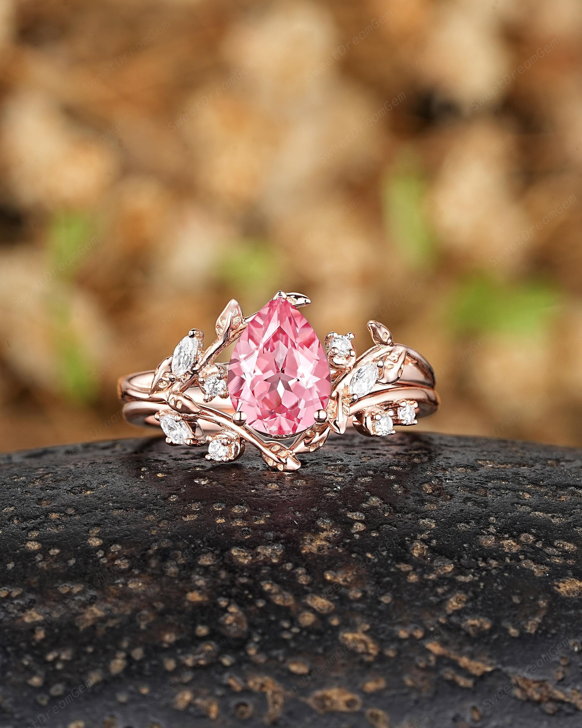 Pear Shaped Pink Sapphire Engagement Ring Set, 14k Gold Leaf