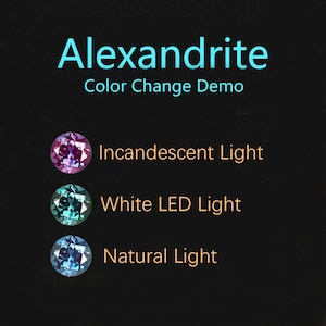 May include: A demonstration of how the colour of an alexandrite gemstone changes under different light sources. The gemstone appears purplish-red under incandescent light, bluish-green under white LED light, and a mix of blue and green under natural light. The text "Alexandrite Color Change Demo" is at the top of the image.