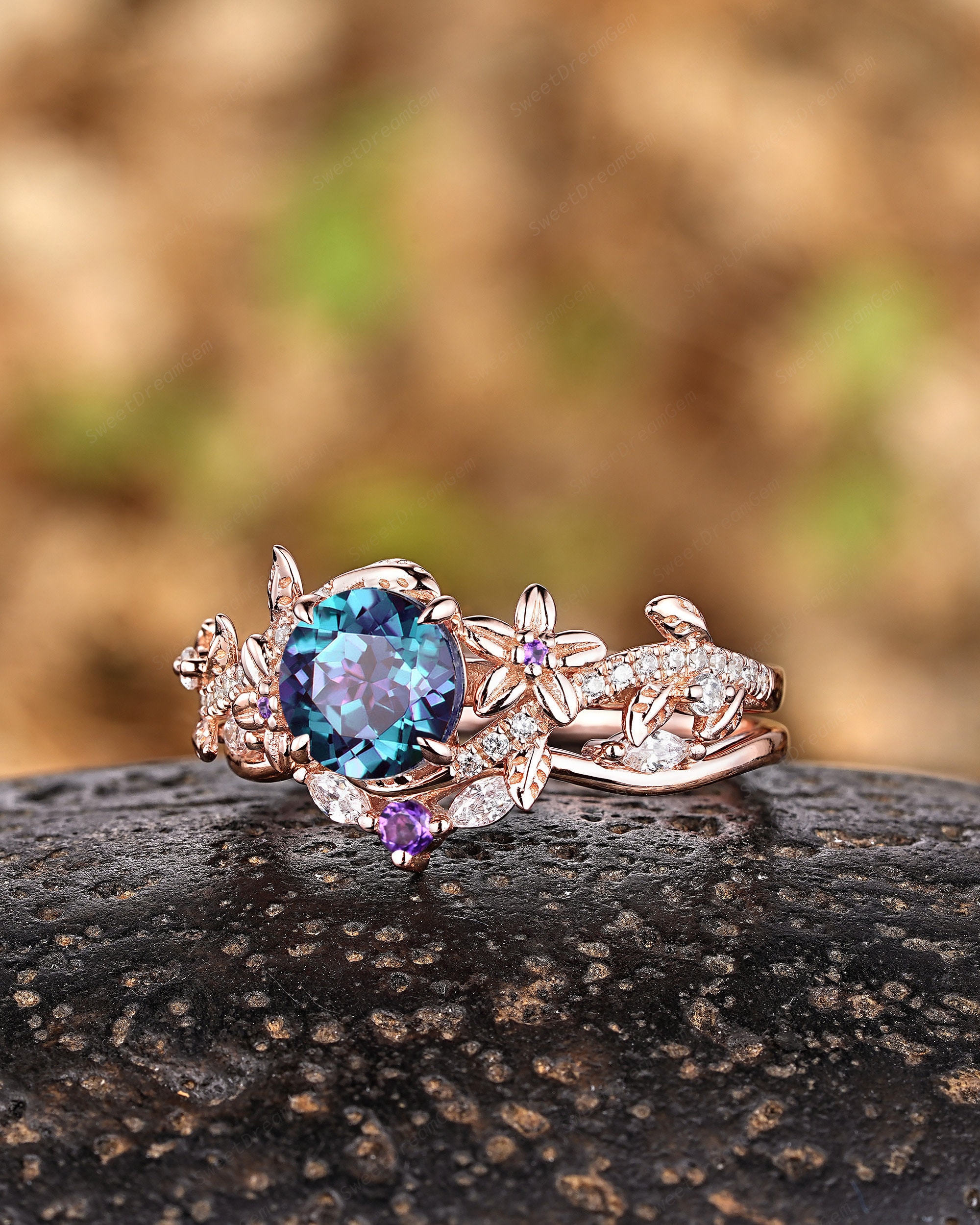 Round Floral Alexandrite Engagement Ring Set Nature Inspired Leaf