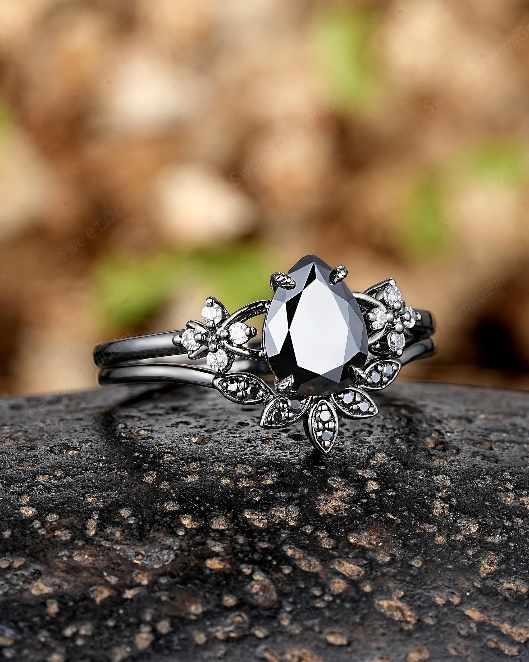 Pear Black Onyx Engagement Ring Set Black Gold Moissanite Cluster
