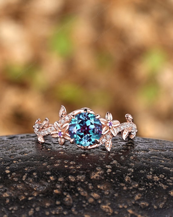 Round Floral Alexandrite Engagement Ring Set Nature Inspired Leaf
