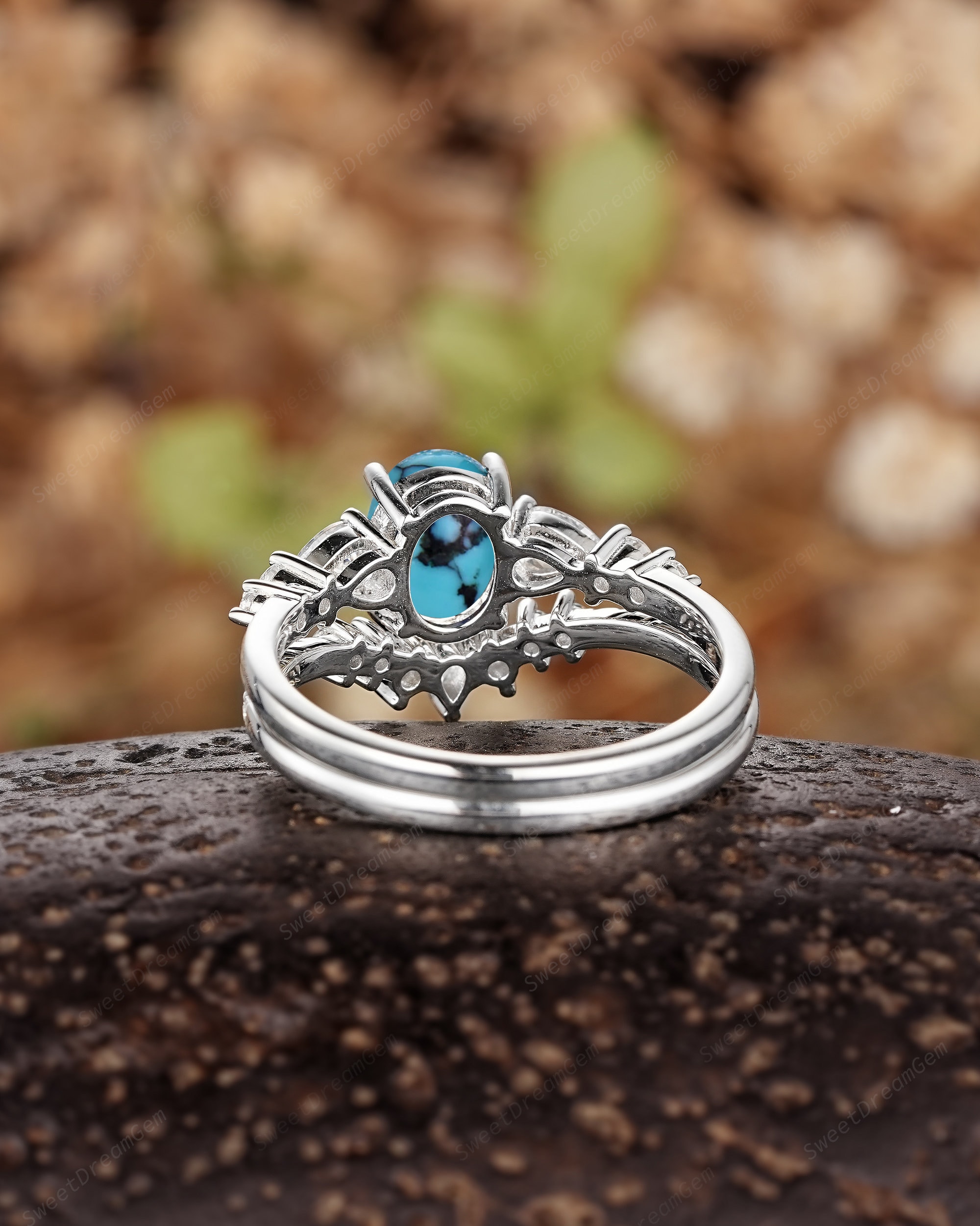 Oval Turquoise Engagement Ring Set 14k White Gold Wedding