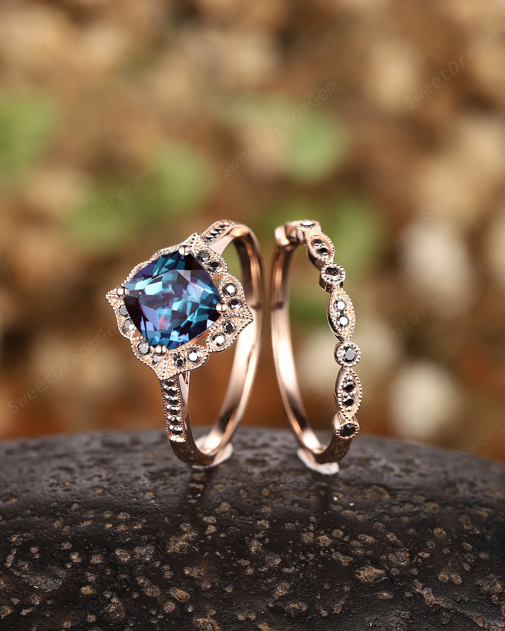 Cushion Cut Alexandrite Engagement Ring, 14K Rose Gold Promise