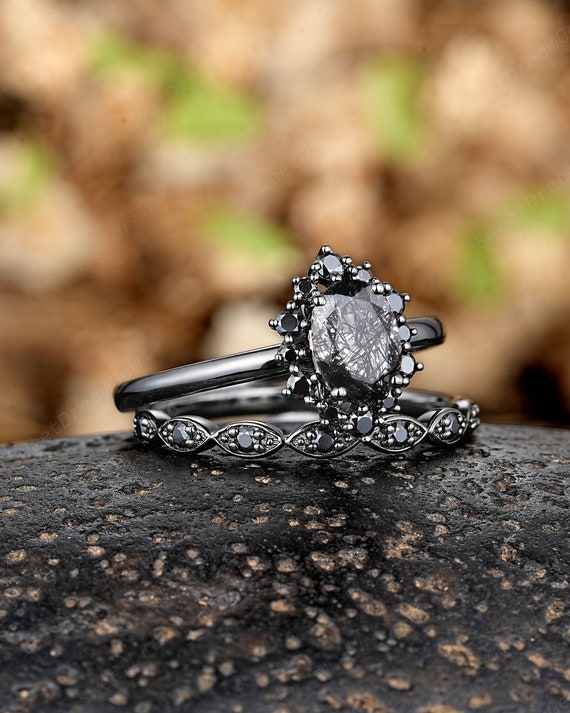 Buy Oval Black Rutilated Quartz Engagement Ring Set, Gothic Black