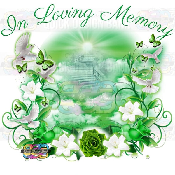 In Loving Memory Png-Green Flowers Butterfly Memorial Template | instant download | printable funeral RIP memorial | sublimation background