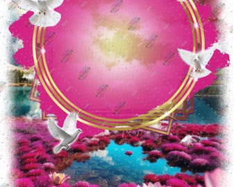 Rest in Peace Printable Art | Pink and Gold Circle Frame with Doves | Funeral Memorial Digital Background