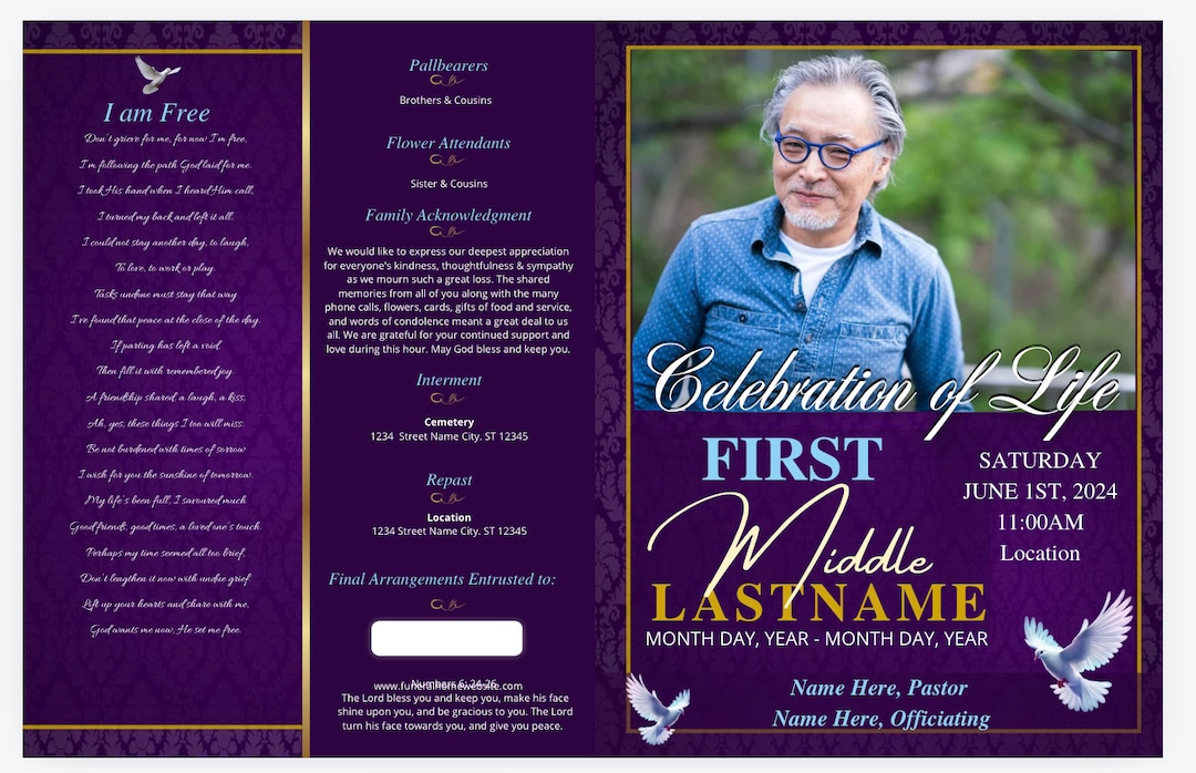 Canva Obituary Template Powder Blue Purple Memorial 4 Pages 11x17