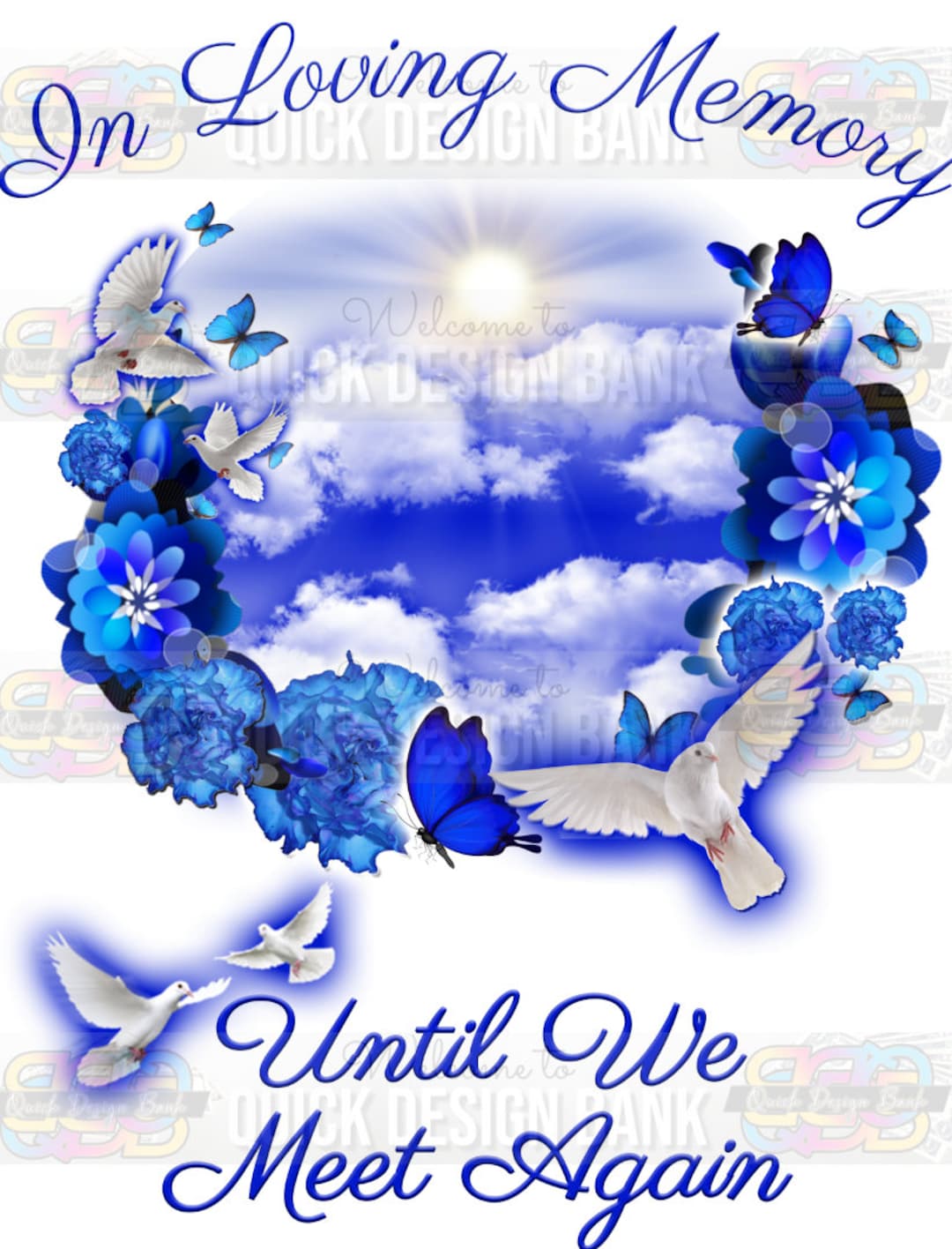 In loving memory png blue flowers butterfly memorial template instant