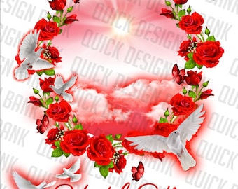 In Loving Memory Png-Red Flowers Butterfly Memorial Template | instant download | printable funeral RIP memorial | sublimation background