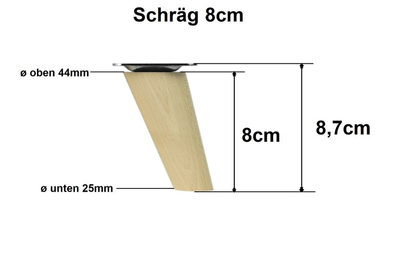 4x Holzfüße schräg Rohe Buche Holzmöbelfüße Tischbeine Möbelbeine Holz Möbelfüße Schrank Beine Kegel 4 Stück Höhe 6-68cm 8 Zentimeter
