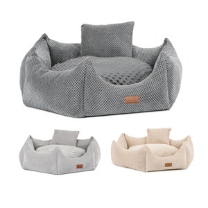 Cama hexagonal para perros, lavable, 75 cm – Cama hexagonal moderna para gatos con cojín de juego incluido – Diseño de cama para mascotas, gris y crema, resistente a los arañazos