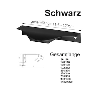 Könnte beinhalten: Schwarzer Schrankgriff mit gebogenem Design. Der Griff ist 11,6 bis 120 cm lang. Der Griff ist mit einem Diagramm seiner Abmessungen dargestellt.