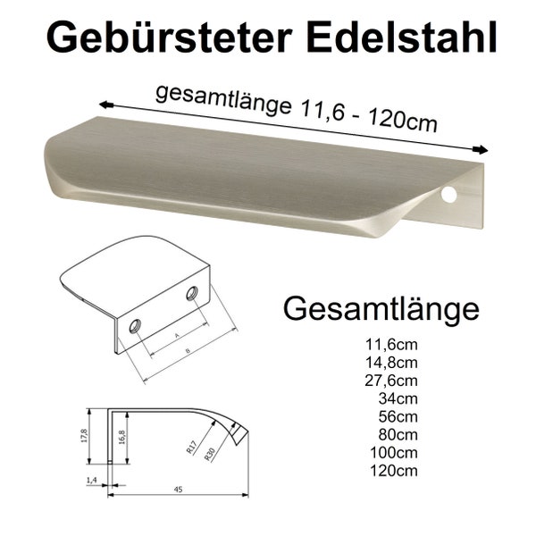 Griffleiste Möbelgriff Türgriff Schrankgriff Griff Kommodengriff Edelstahl gebürsteter Stahl optik Grifflänge 11,6cm bis 120cm