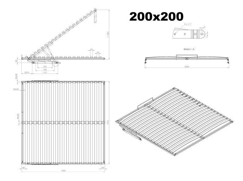 Lift slatted frame bed box slatted frame foldable lifting slatted frame for bed with gas damper soft closing 200x200cm