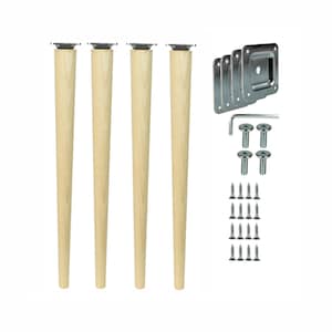 Puede incluir: Conjunto de cuatro patas de mesa de madera con placas de montaje metálicas y tornillos. Las patas son de color marrón claro y la ferretería metálica es plateada.