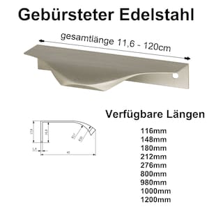 May include: Brushed stainless steel cabinet handle with a curved design. The handle is available in lengths ranging from 11.6 to 120 centimeters.