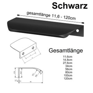 Pode incluir: Puxador de armário preto com design curvo. O puxador tem um comprimento de 11,6 a 120 cm. O puxador é mostrado em um desenho de linha com medidas.
