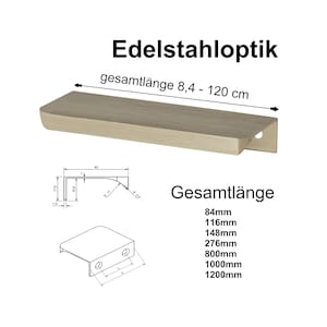 Könnte beinhalten: Edelstahl-optik-Schrankgriff mit Holzoptik. Der Griff ist 8,4 bis 120 cm lang. Verfügbare Größen: 84 mm, 116 mm, 148 mm, 276 mm, 800 mm, 1000 mm, 1200 mm.