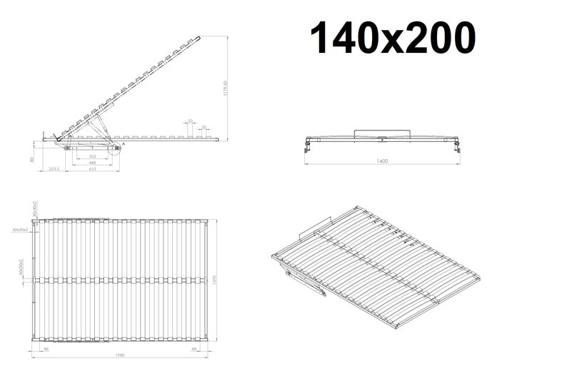 Lift slatted frame bed box slatted frame foldable lifting slatted frame for bed with gas damper soft closing 140x200cm